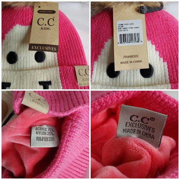 'C.C BEANIE' 'LINED POM-POM'  BEANIE 'HAPPY FACE' - Picture 11 of 15